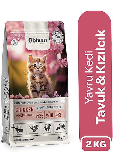 Obivan Kitten Tavuklu Ve Kızılcıklı Yavru Kedi Maması 2 KG