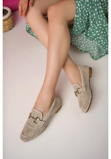 Muggo Phuket Garantili Metal Tokalı Lazerli Nefes Alabilen Deri Kadın Loafer Günlük Ayakkabı Bej
