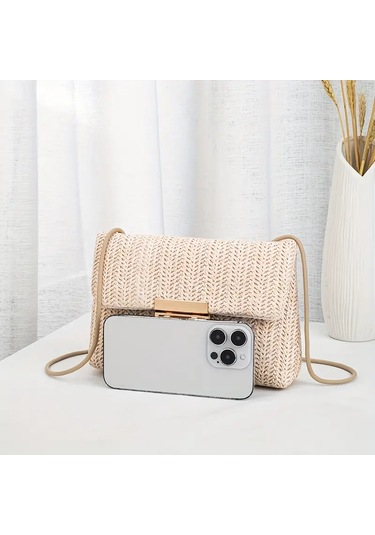 Dokuma Düz Renk Bej Tokalı Omuz Çantası Bej