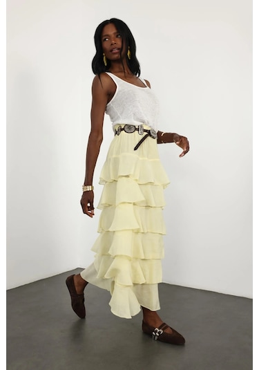 Sarı Beli Lastikli Volanlı Maxi Etek 4097 Sarı