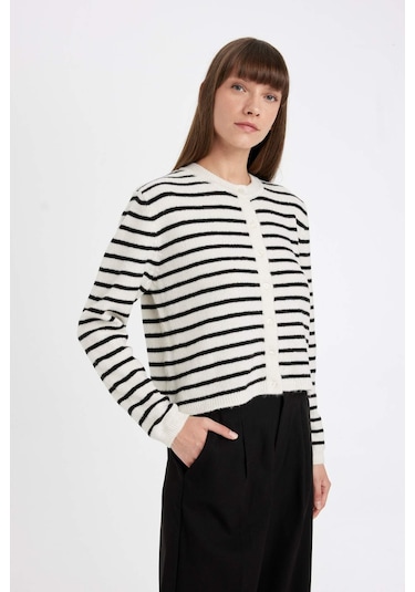 Defacto Regular Fit Bisiklet Yaka Çizgili Düğmeli Triko Hırka C9051AX24WNER105 Ekru