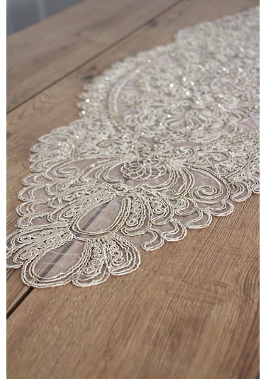 Simli Dantel Kordon Örme Detay Masa Runner Fiskos Örtüsü 100x35 Cm2007-dantel 001