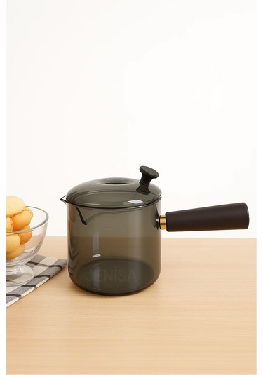 Çok Amaçlı Isıya Dayanıklı Cam Cezve & Sosluk 550 Ml - Ahşap Saplı Modern Tasarım Kahverengi