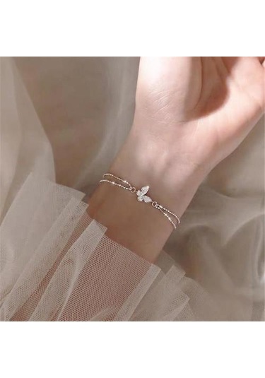 925 Ayar Gümüş Kristal Kelebek Charm Bilezik Altın - Bej