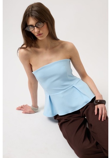 Pileli Straplez Bluz Antrasit Melanj