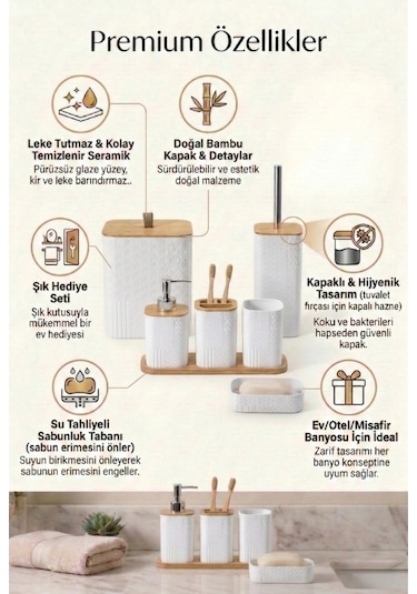 Makri Home Desenli 7 Parça Bambu Kapaklı Ve Aksesuarlı Banyo Seti Çok Renkli