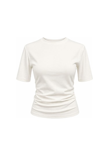 Mixray 2095 Kadın Büzgü Detaylı Arkası Yırtmaçlı Basic T-shirt Beyaz