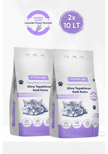 Foodline Lavanta Kokulu İnce Taneli Bentonit Topaklaşan Kedi Kumu 2 x 10 L