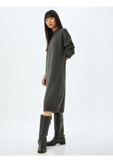 Koton Triko Elbise Midi Boy Dik Yaka Uzun Kollu Düşük Omuzlu Bol Kalıp Gri 5wal80002ht Gri