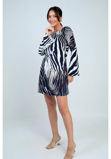 Kadın Yuvarlak Yaka Zebra Desenli İspanyol Kol Astarlı Kısa Elbise-41735 Siyah