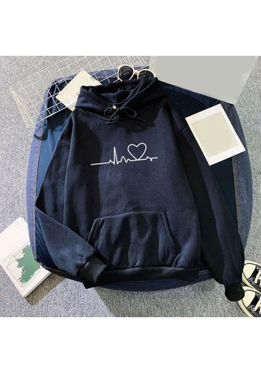 Mor Kazak Unisex Şık Kapşonlu Elastik Manşet Kalp Baskı Çift Kapşonlu Bayan Mor