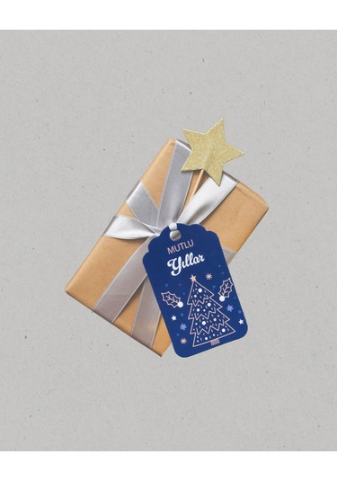 Yılbaşı Mutlu Yıllar Yazılı Hediye Etiketi, Çam Desenli Paketleme