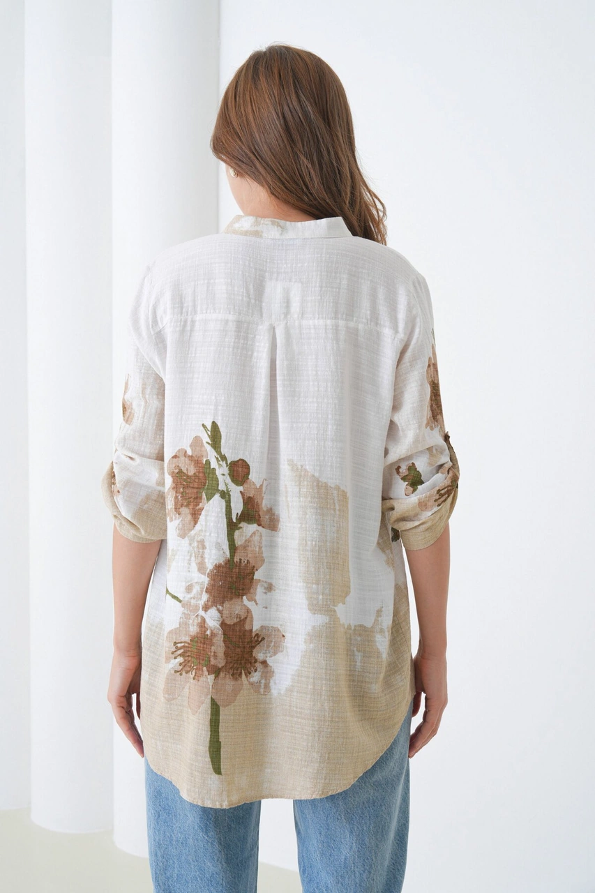 Kadın Tesettüre Uygun Uzun Kol Pamuk Şık Büyük Beden Desenli Curve Rahat İtalyan Keten Gömlek Kahverengi