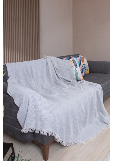 Pamuklu Zikzak Desenli Püsküllü Koltuk Örtüsü 170x210 Cm Dekoratif Ve Çok Amaçlı Gri
