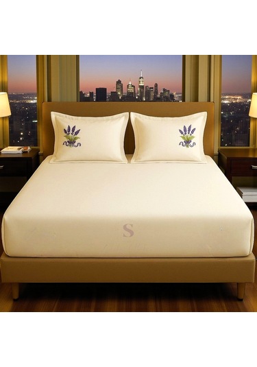 Shules Collection Buldan Keteni Lavanta Nakışlı Çift Kişilik Çarşaf+yastık Seti %100 Pamuk Bej