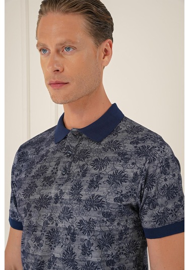 Slim Fit Dal Yaprak Desen Polo Yaka Pamuklu Lacivert Tişört Ts 884 Lacivert