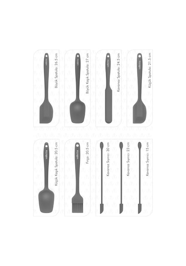 Valletta Drongo Kavanoz Sıyırıcılı Silikon Spatula Seti 9 Parça Gri