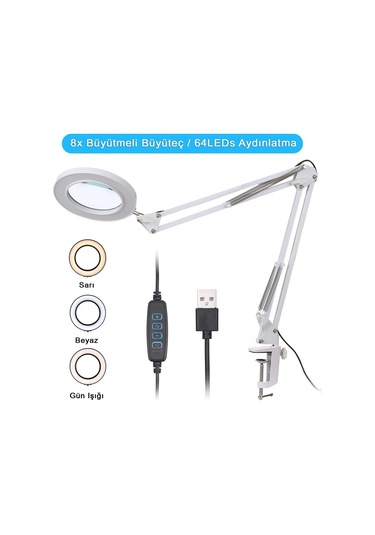 Hpy Pazar 33 Cm Çift Kollu Usb Kontrollü Aydınlatmalı Büyüteç 64 Led, 8x