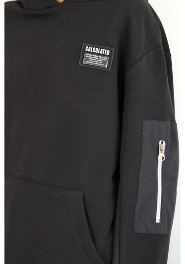 Breeze Erkek Çocuk Sweatshirt Armalı Kolu Cepli Fermuarlı 9-14 Yaş, Siyah Siyah