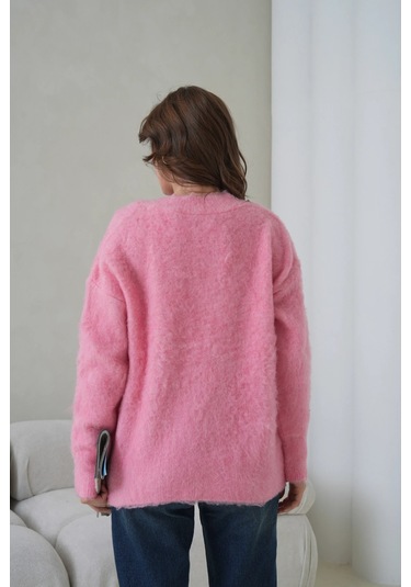Kadın V Yaka Sakal Dokulu Şardonlu Oversize Triko Kazak 8695 Pembe