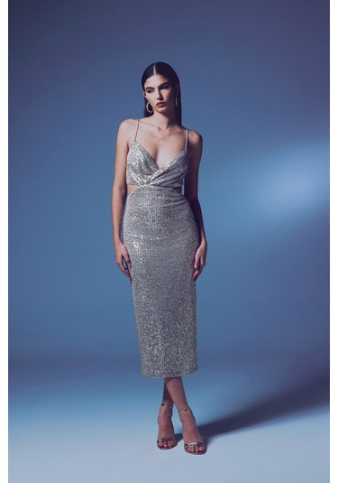 Dekolteli Payet Elbise - Bej-135644 Bej