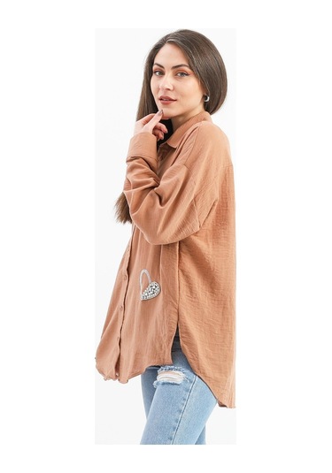 Taşlı Kalp İşlemeli Keten Gömlek - Vizon-vizon Vizon