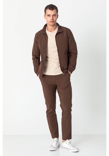Erkek Rahat Kesim Beli Lastili İçi Astarlı Klasik Baharlık Mont Koyu Kahve
