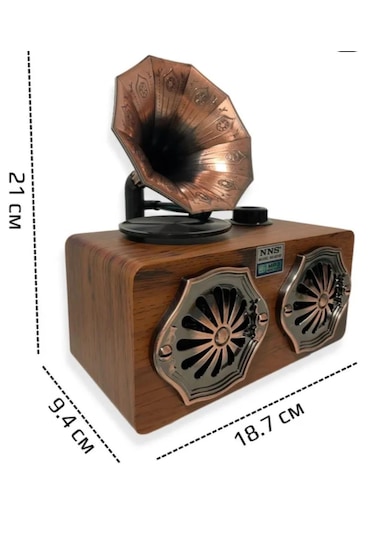Gerçek Ahşap Gramofon Görünümlü Bluetooth Hoparlör & Nostaljik Radyo