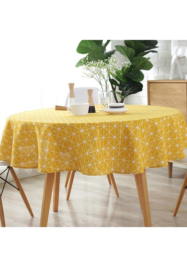 Ximistore9 Koyu Mavi Desenli Yumuşak Keten Masa Örtüsü - 120 Cm Daire Şekilli, Yıkama Dayanıklı, Renk Kaybı Olmayan, Modern Ev Dekoru Sari