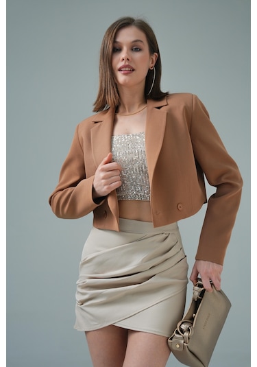 Kamel Kruvaze Crop Blazer Ceket Kamel