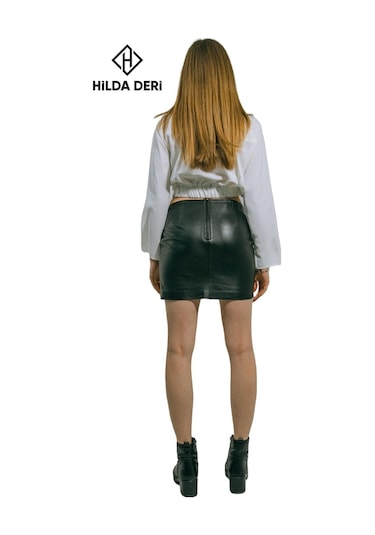 Hilda Deri Mini Etek Hakiki Kuzu Derisi Siyah Aidan 001