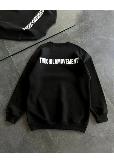 Kışlık Bisiklet Yaka Oversize Baskılı Sweatshirt - Siyah Siyah