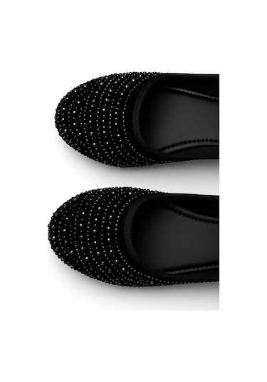 Günlük Altın Kadın Babet Oval Burun Gümüş Taşlı Saten Ortopedik Hafif Ev İş Ofis Ayakkabı 38 Siyah