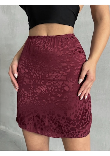 Kadın Desenli Saten Etek Bordo