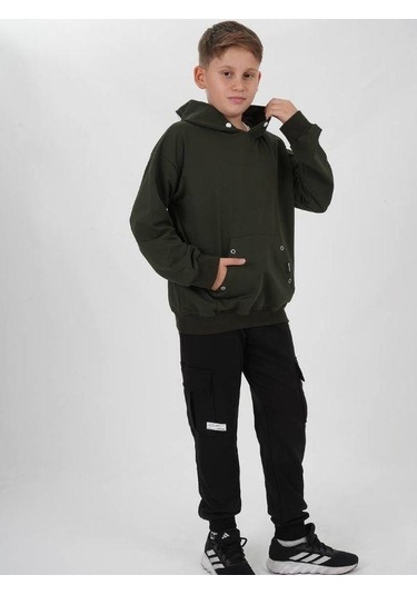 Çocuk Çıtçıt Detaylı Kapüşonlu Pamuklu Sweatshirt-14837 Haki