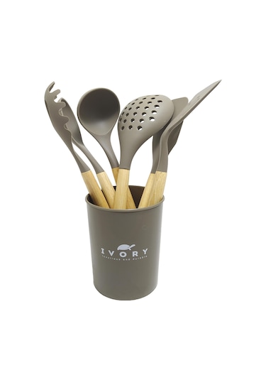 Ivory Doğal Bambu Saplı %100 Silikon Mutfak Seti 6 Parça Kahve