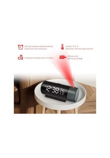Shopytech Projeksiyonlu Dijital Çalar Saat Çift Alarm Termometre 180 Döner Kırmızı Projeksiyon Otom Siyah