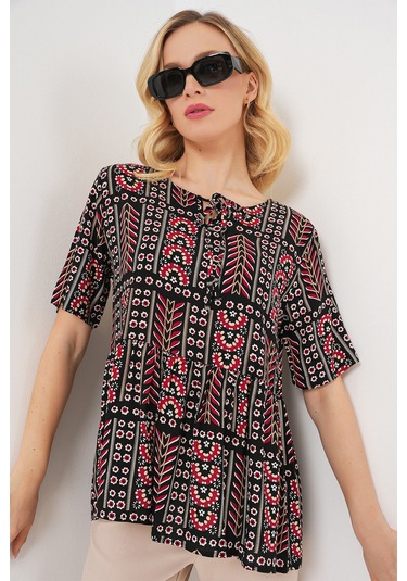 Kadın Desenli Kısa Kol Bluz 969 - Siyah Siyah