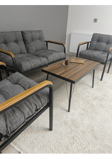 Modern Jüpiter Balkon, Bahçe, Cafe - Metal Kanepe Koltuk Takımı - 2+1+1 + Masa Antrasit Modernsh22 Antrasit