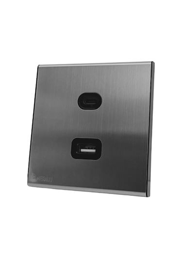 MERALLI INOX USB + USB Type-C güç prizi (20W), hakiki fırçalanmış paslanmaz çelik, çerçevesiz 86×86 Modüler kasa dahil