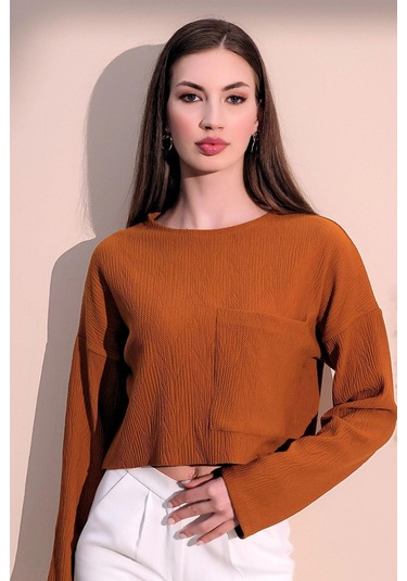 Kadın Hardal Uzun Kol Kendinden Dokulu Cepli Crop Sweatshirt, Salaş Kesim Bluz HARDAL