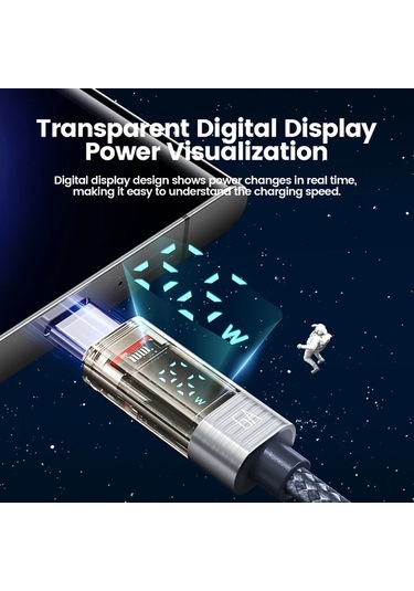 Xuweiwei Grey Usb-a To Type-c 1.8m 5.9ft Toocki Spring Kablosu 100w 6a Dijital Ekranlı Şarj Ve Veri Aktarım Kablosu