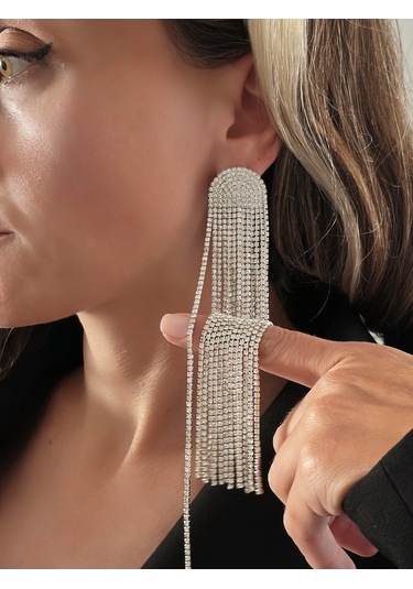 Uzun Sallantılı Tekli Beyoğlu Taşı Abiye Gold Renk Küpe Gümüş