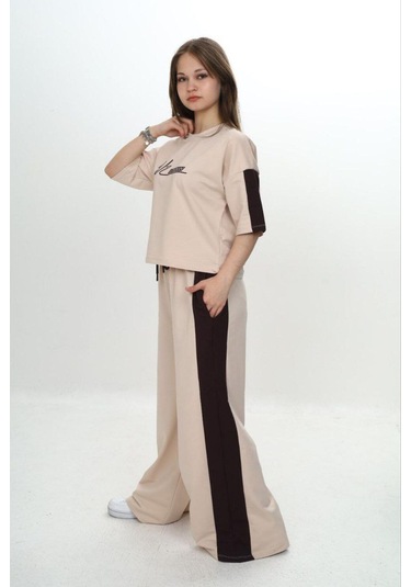 Kız Çocuk %100 Pamuk London Baskılı Oversize Garnili Truvakal Kollu Eşofman Takımı-293-eşt-0010 Bej