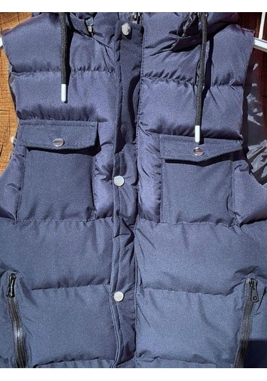 Çocuk Kapüşonlu Cep Detaylı Şişme Kalın Yelek-15008 Lacivert