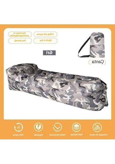Novahub Desenli Şişme Koltuk, Baş Destekli Hava Yatağı, Kamp İçin Taşınabilir Gri Küçük Boy Gri