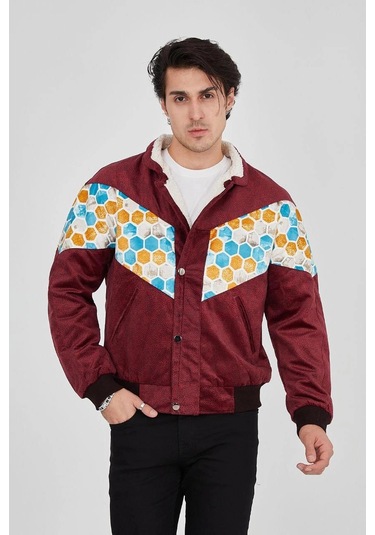 Erkek İçi Astarlı İçten Yaka Kısmı Peluşlu Beyaz Şeritli Vintage Ceket - Mürdüm Siyah