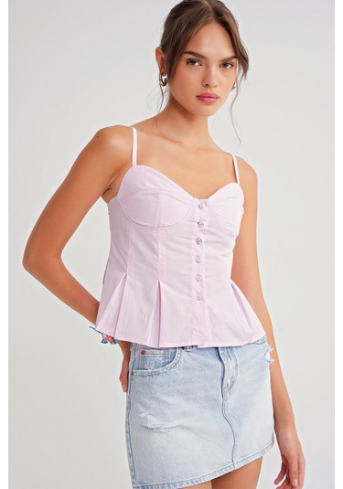 4737 Kadın Düğmeli Kuplu Pileli Bluz Pembe Pembe