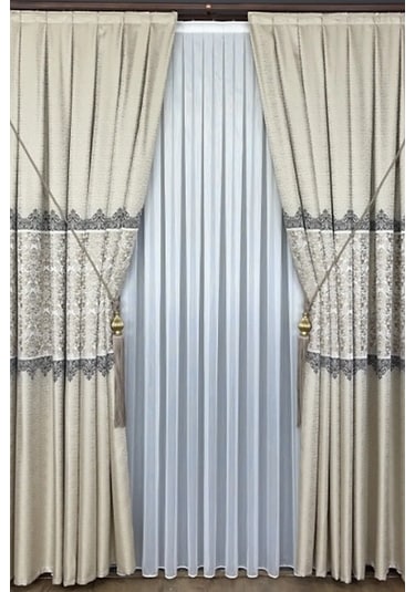 Takım Fon Perde Krem-bej 2 Kanat Fon+aksesuar Krem