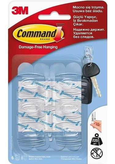 3m Command 17006clr-cee Mini Boy Şeffaf Askı, Max 225 Gr 6 Askı + 8 Küçük Boy Cırt Bant